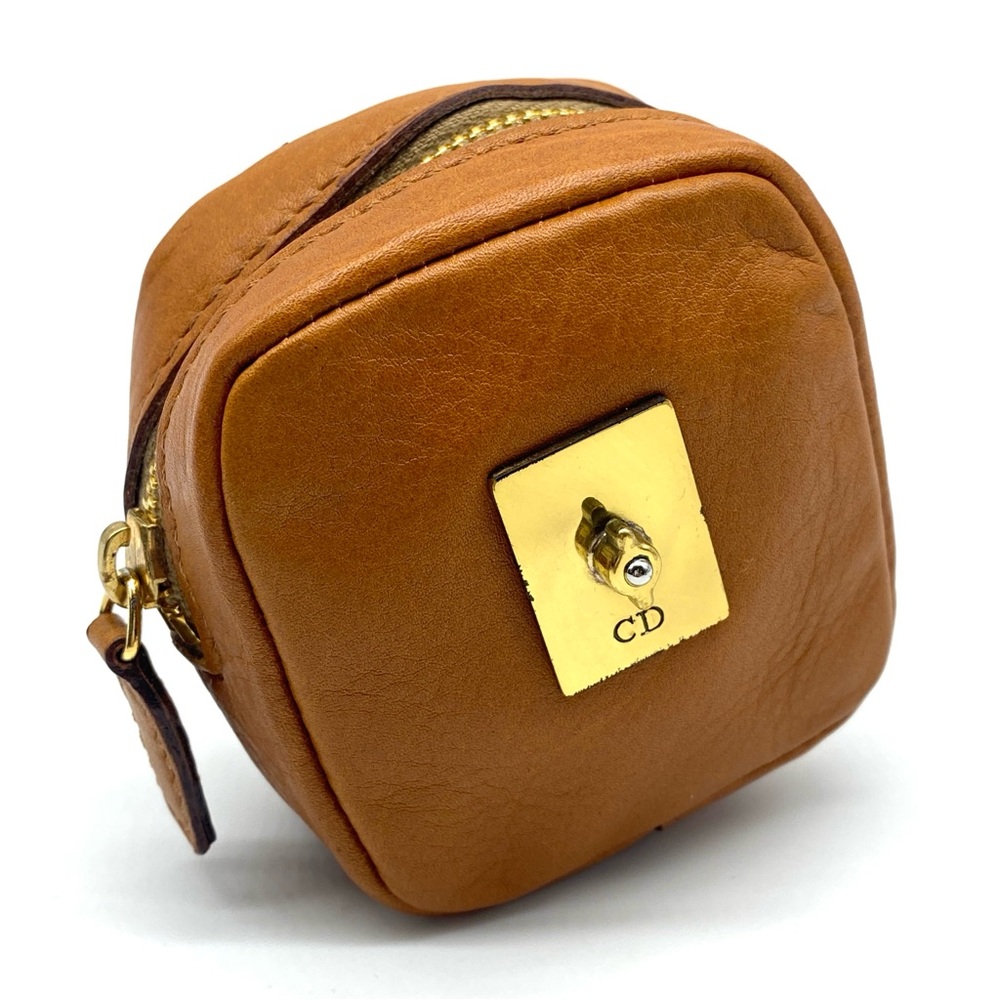 Christian Dior Tan Leather Gold Logo Mini Square Coin Pouch Wallet